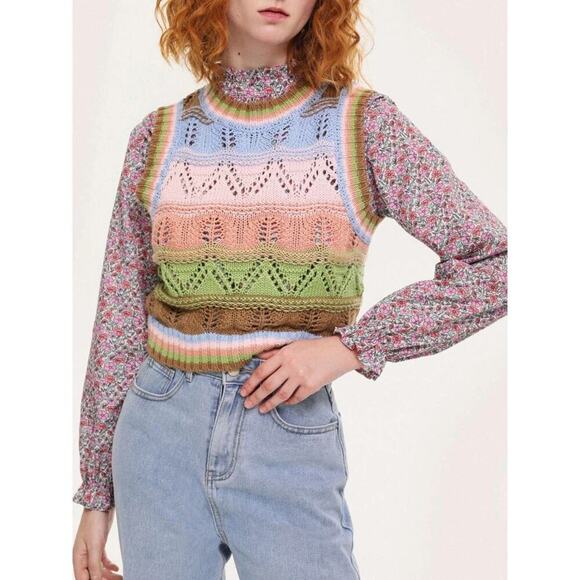 Zara Striped Round Neck Crochet Knit Cropped Sweater Vest Multi Women's Size S - Picture 2 of 9